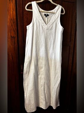 DKNY White Sleeveless V-Neck Linen Dress Womens Medium